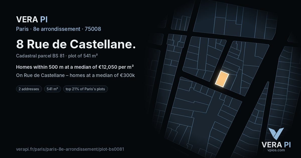 8 Rue de Castellane, 8e arrondissement at night – the plot lit, the parcels around coloured by the prices near them