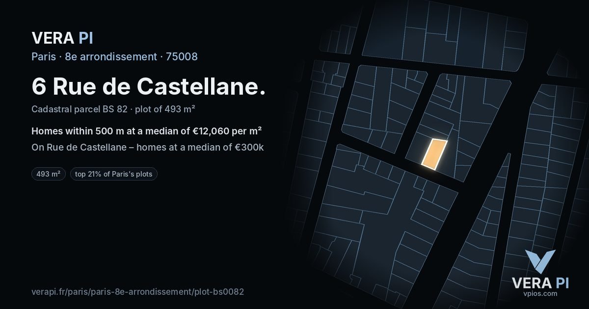 6 Rue de Castellane, 8e arrondissement at night – the plot lit, the parcels around coloured by the prices near them