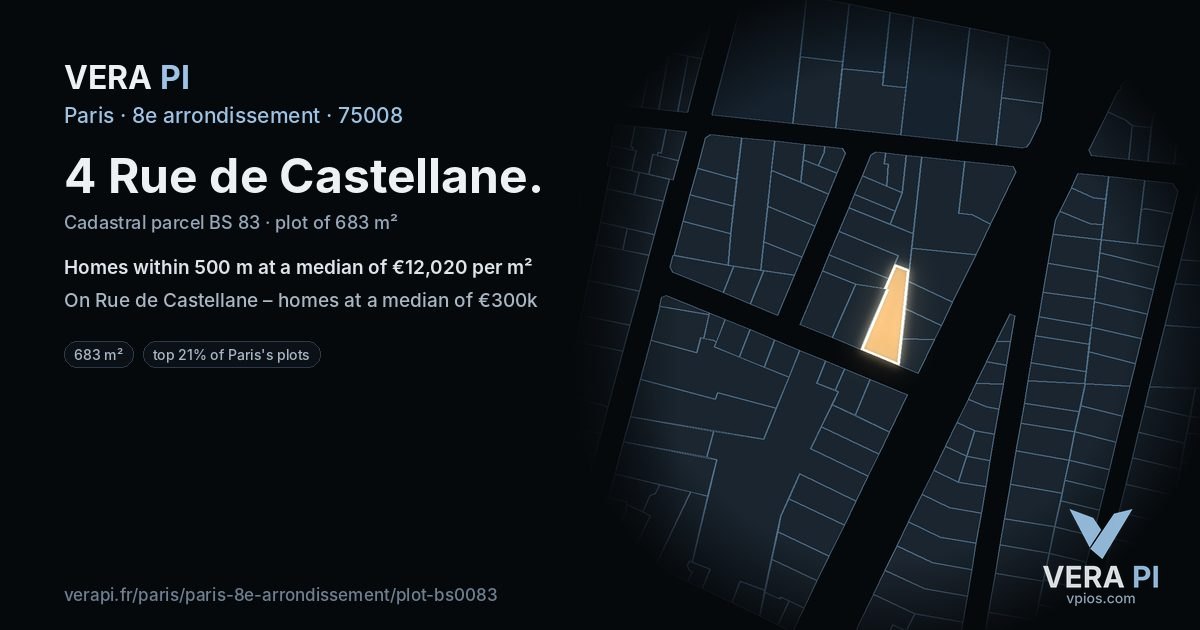 4 Rue de Castellane, 8e arrondissement at night – the plot lit, the parcels around coloured by the prices near them
