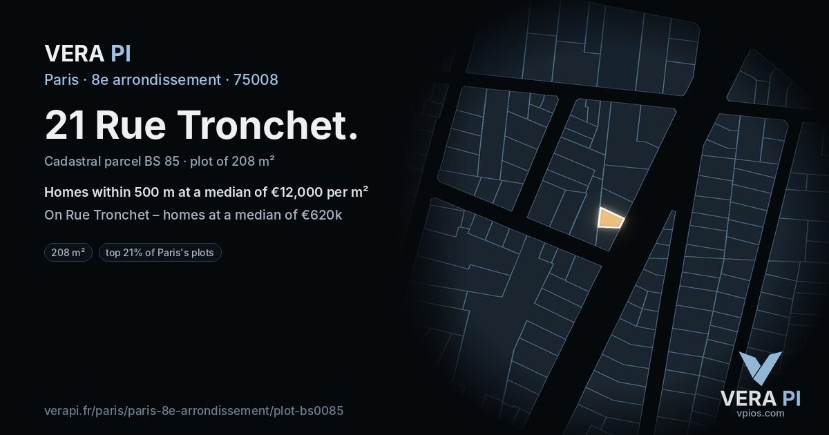 21 Rue Tronchet, 8e arrondissement at night – the plot lit, the parcels around coloured by the prices near them