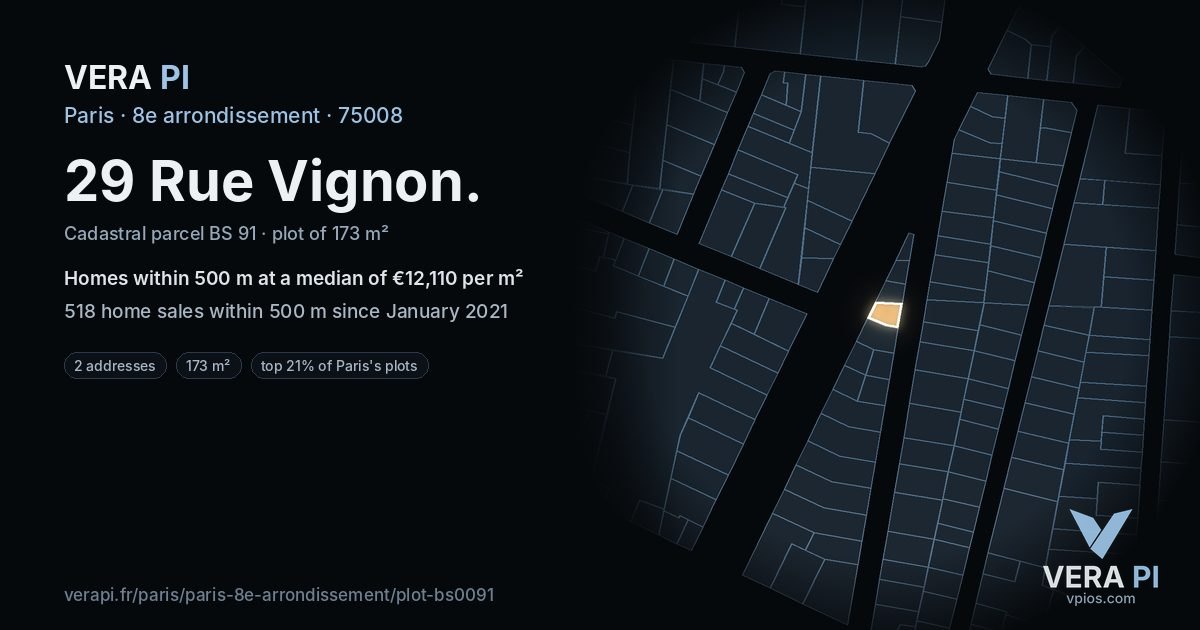 29 Rue Vignon, 8e arrondissement at night – the plot lit, the parcels around coloured by the prices near them