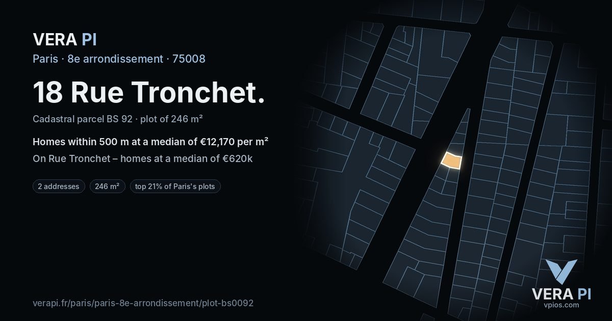 18 Rue Tronchet, 8e arrondissement at night – the plot lit, the parcels around coloured by the prices near them