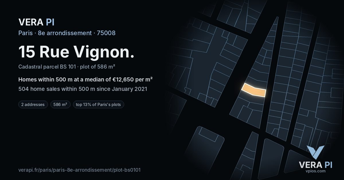 15 Rue Vignon, 8e arrondissement at night – the plot lit, the parcels around coloured by the prices near them