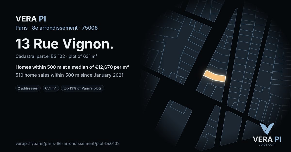 13 Rue Vignon, 8e arrondissement at night – the plot lit, the parcels around coloured by the prices near them