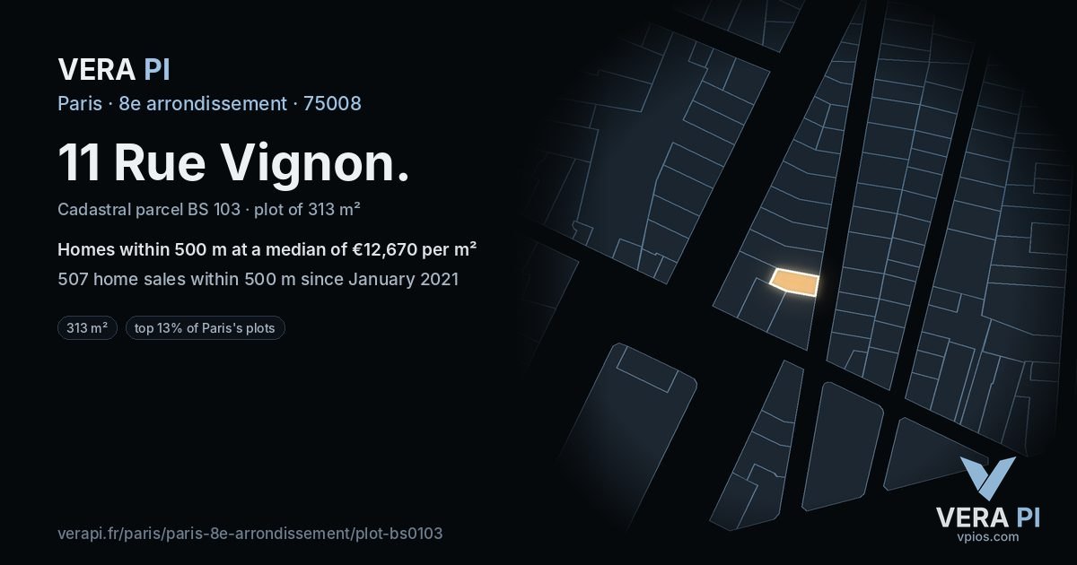 11 Rue Vignon, 8e arrondissement at night – the plot lit, the parcels around coloured by the prices near them