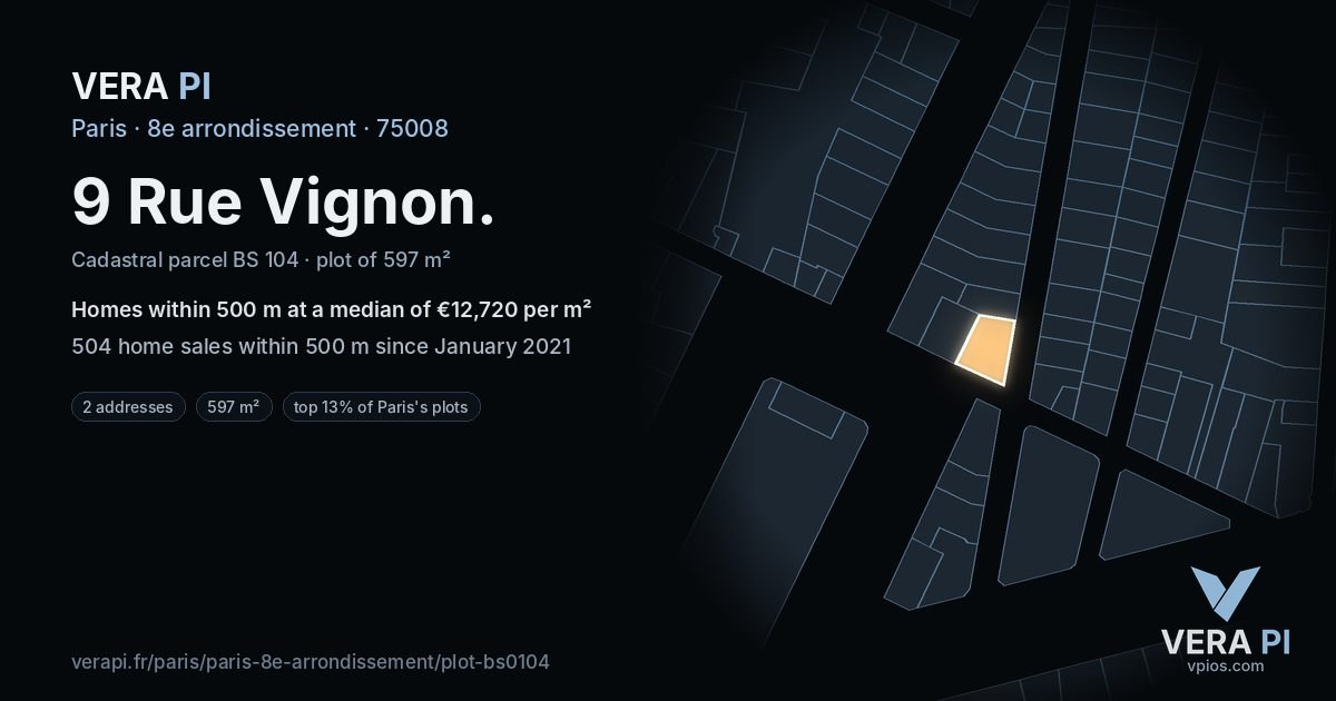 9 Rue Vignon, 8e arrondissement at night – the plot lit, the parcels around coloured by the prices near them
