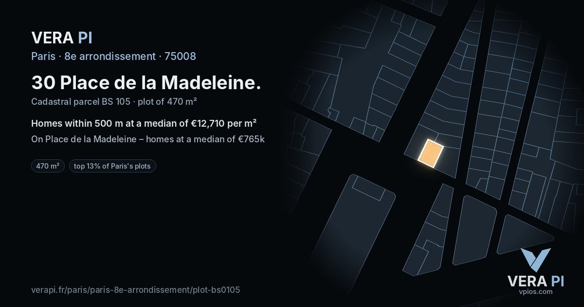 30 Place de la Madeleine, 8e arrondissement at night – the plot lit, the parcels around coloured by the prices near them