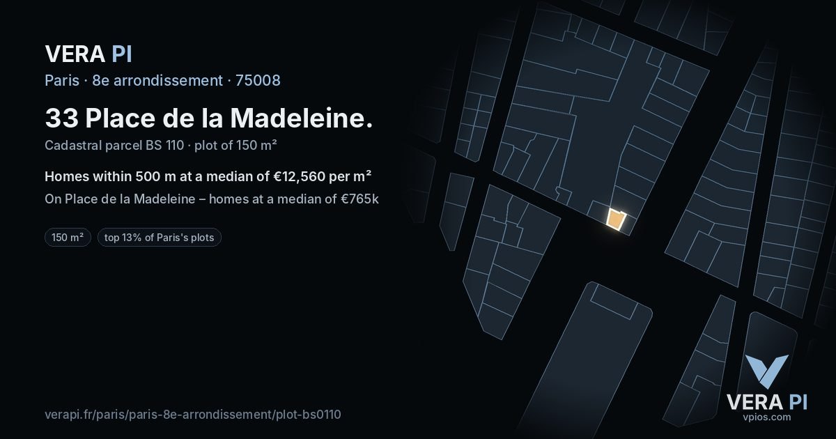 33 Place de la Madeleine, 8e arrondissement at night – the plot lit, the parcels around coloured by the prices near them