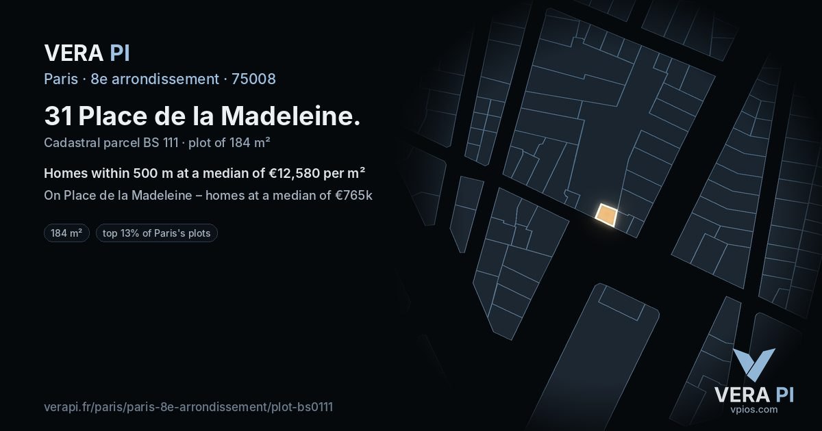 31 Place de la Madeleine, 8e arrondissement at night – the plot lit, the parcels around coloured by the prices near them