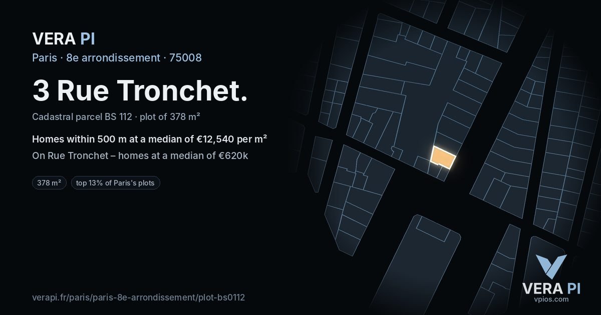 3 Rue Tronchet, 8e arrondissement at night – the plot lit, the parcels around coloured by the prices near them