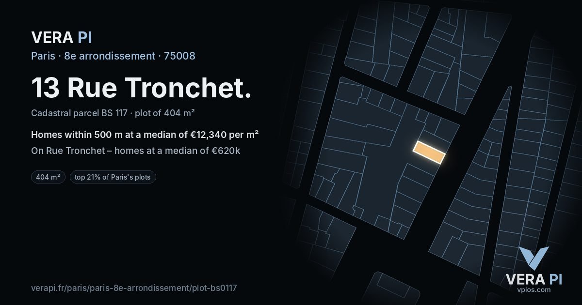 13 Rue Tronchet, 8e arrondissement at night – the plot lit, the parcels around coloured by the prices near them