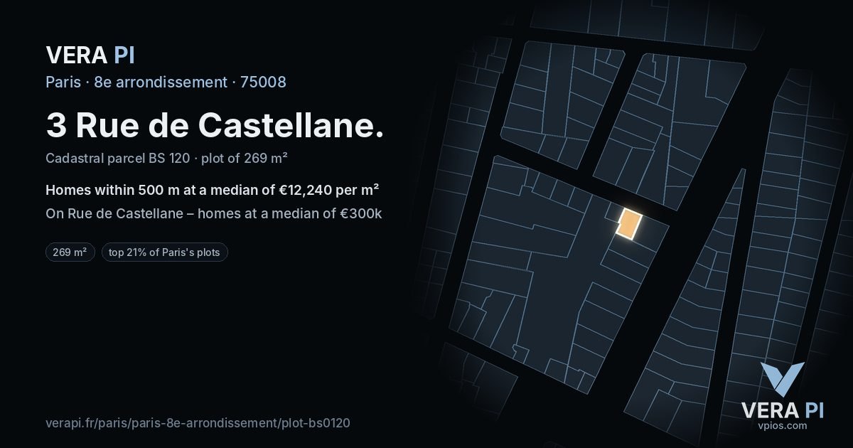 3 Rue de Castellane, 8e arrondissement at night – the plot lit, the parcels around coloured by the prices near them