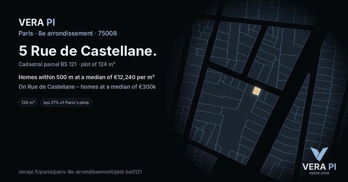 5 Rue de Castellane, 8e arrondissement at night – the plot lit, the parcels around coloured by the prices near them
