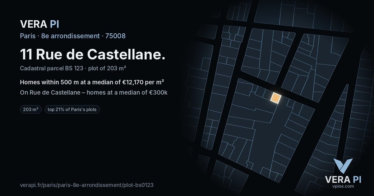 11 Rue de Castellane, 8e arrondissement at night – the plot lit, the parcels around coloured by the prices near them