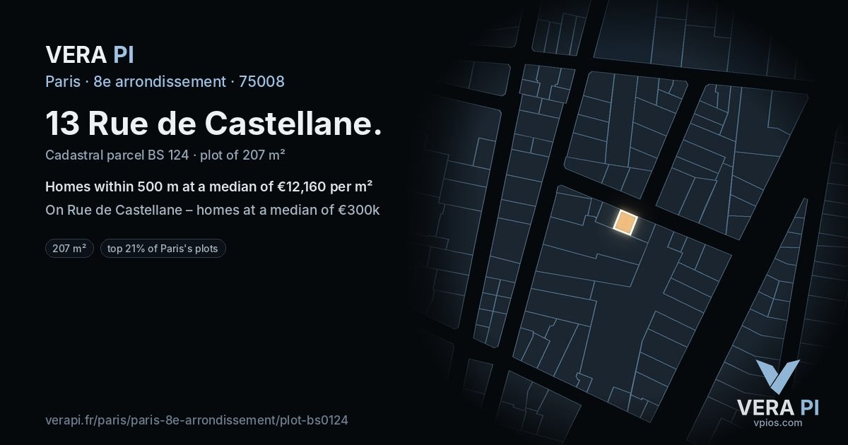 13 Rue de Castellane, 8e arrondissement at night – the plot lit, the parcels around coloured by the prices near them