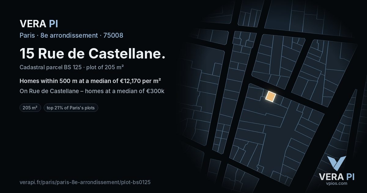 15 Rue de Castellane, 8e arrondissement at night – the plot lit, the parcels around coloured by the prices near them