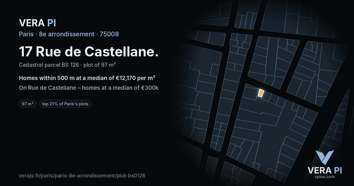 17 Rue de Castellane, 8e arrondissement at night – the plot lit, the parcels around coloured by the prices near them