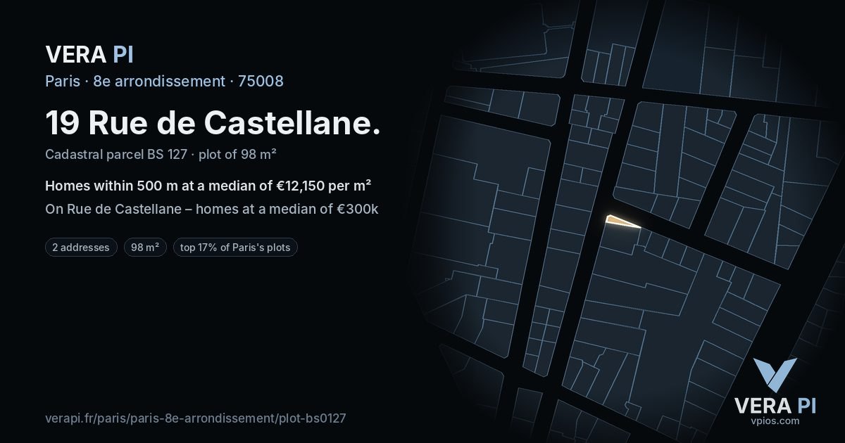 19 Rue de Castellane, 8e arrondissement at night – the plot lit, the parcels around coloured by the prices near them