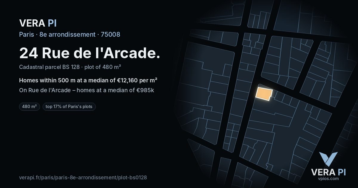24 Rue de l'Arcade, 8e arrondissement at night – the plot lit, the parcels around coloured by the prices near them