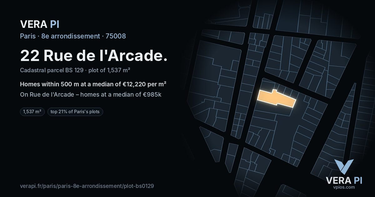 22 Rue de l'Arcade, 8e arrondissement at night – the plot lit, the parcels around coloured by the prices near them