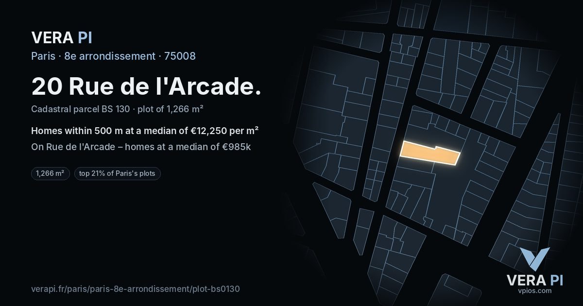 20 Rue de l'Arcade, 8e arrondissement at night – the plot lit, the parcels around coloured by the prices near them