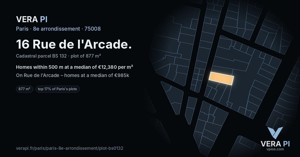 16 Rue de l'Arcade, 8e arrondissement at night – the plot lit, the parcels around coloured by the prices near them