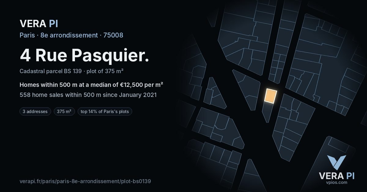 4 Rue Pasquier, 8e arrondissement at night – the plot lit, the parcels around coloured by the prices near them