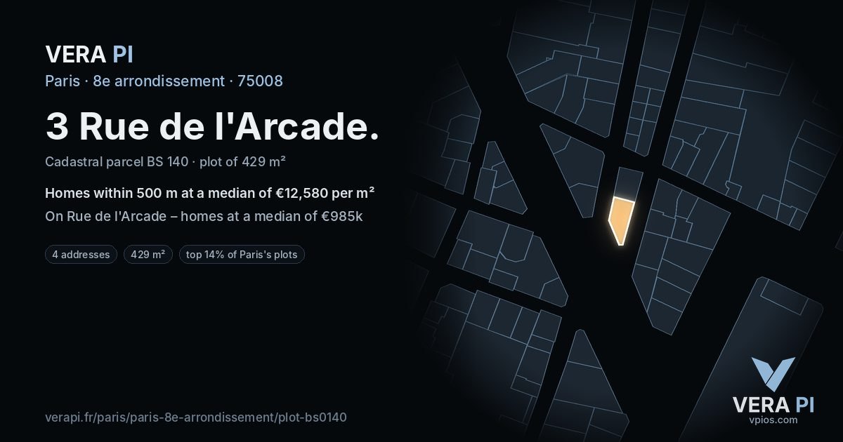 3 Rue de l'Arcade, 8e arrondissement at night – the plot lit, the parcels around coloured by the prices near them