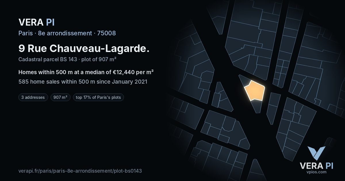 9 Rue Chauveau-Lagarde, 8e arrondissement at night – the plot lit, the parcels around coloured by the prices near them