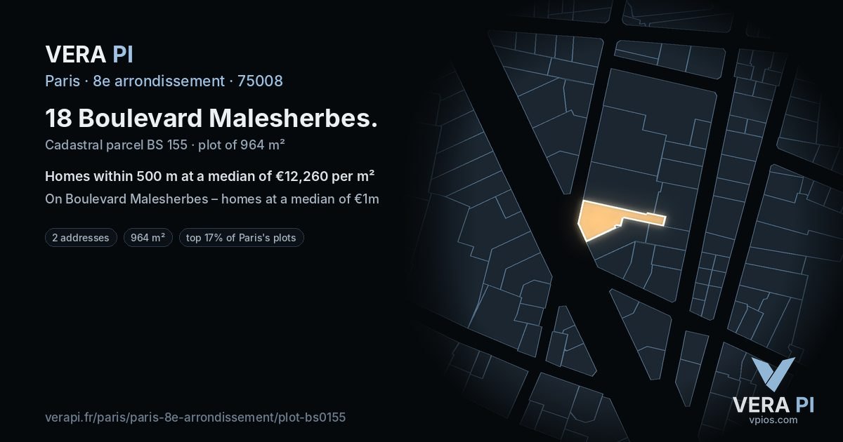 18 Boulevard Malesherbes, 8e arrondissement at night – the plot lit, the parcels around coloured by the prices near them