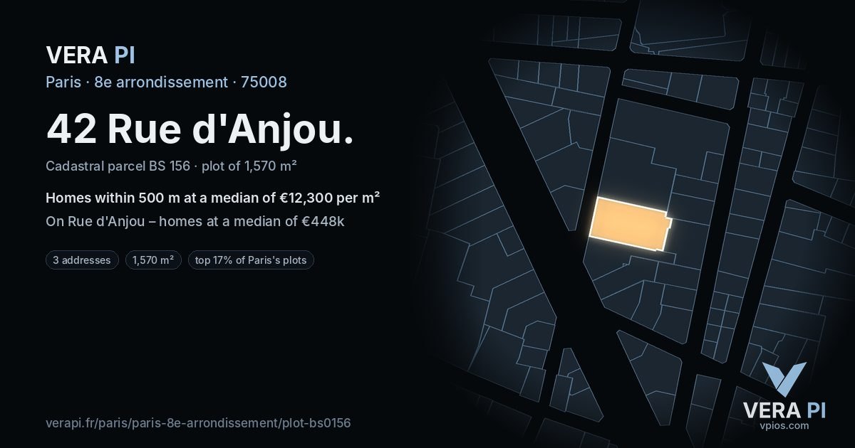 42 Rue d'Anjou, 8e arrondissement at night – the plot lit, the parcels around coloured by the prices near them