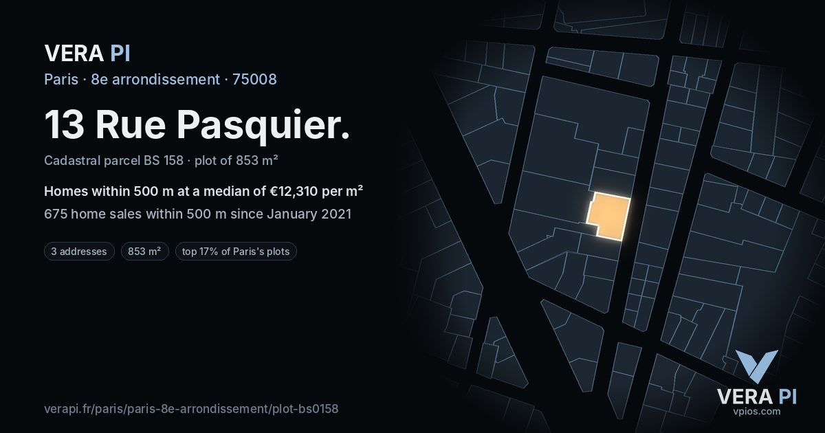 13 Rue Pasquier, 8e arrondissement at night – the plot lit, the parcels around coloured by the prices near them