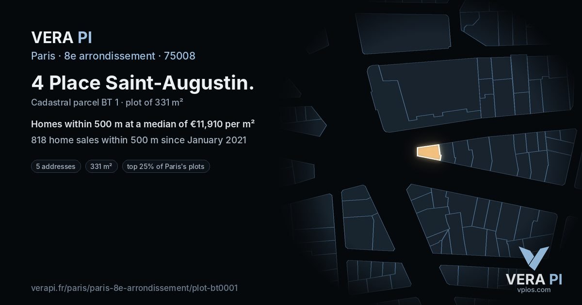 4 Place Saint-Augustin, 8e arrondissement at night – the plot lit, the parcels around coloured by the prices near them