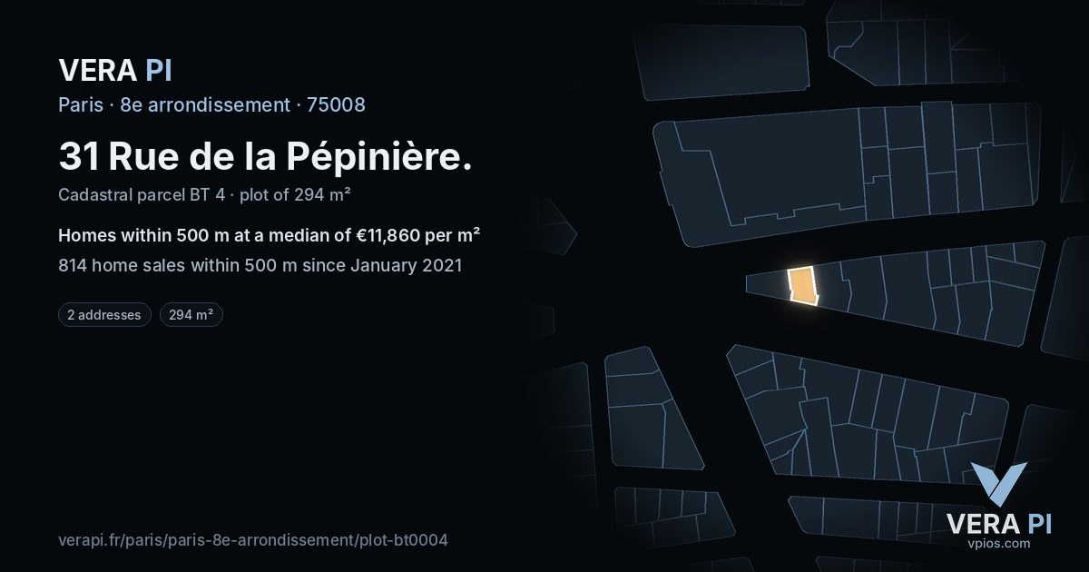 31 Rue de la Pépinière, 8e arrondissement at night – the plot lit, the parcels around coloured by the prices near them