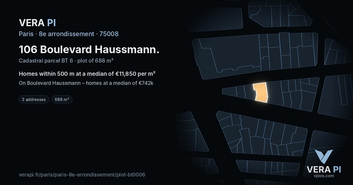 106 Boulevard Haussmann, 8e arrondissement at night – the plot lit, the parcels around coloured by the prices near them