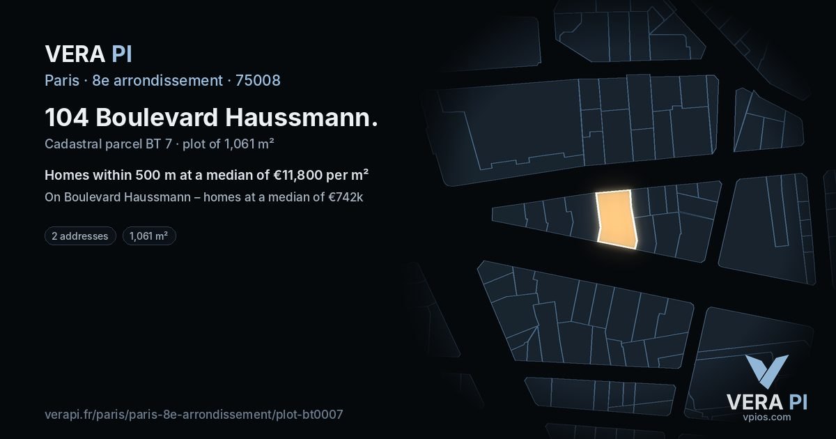 104 Boulevard Haussmann, 8e arrondissement at night – the plot lit, the parcels around coloured by the prices near them