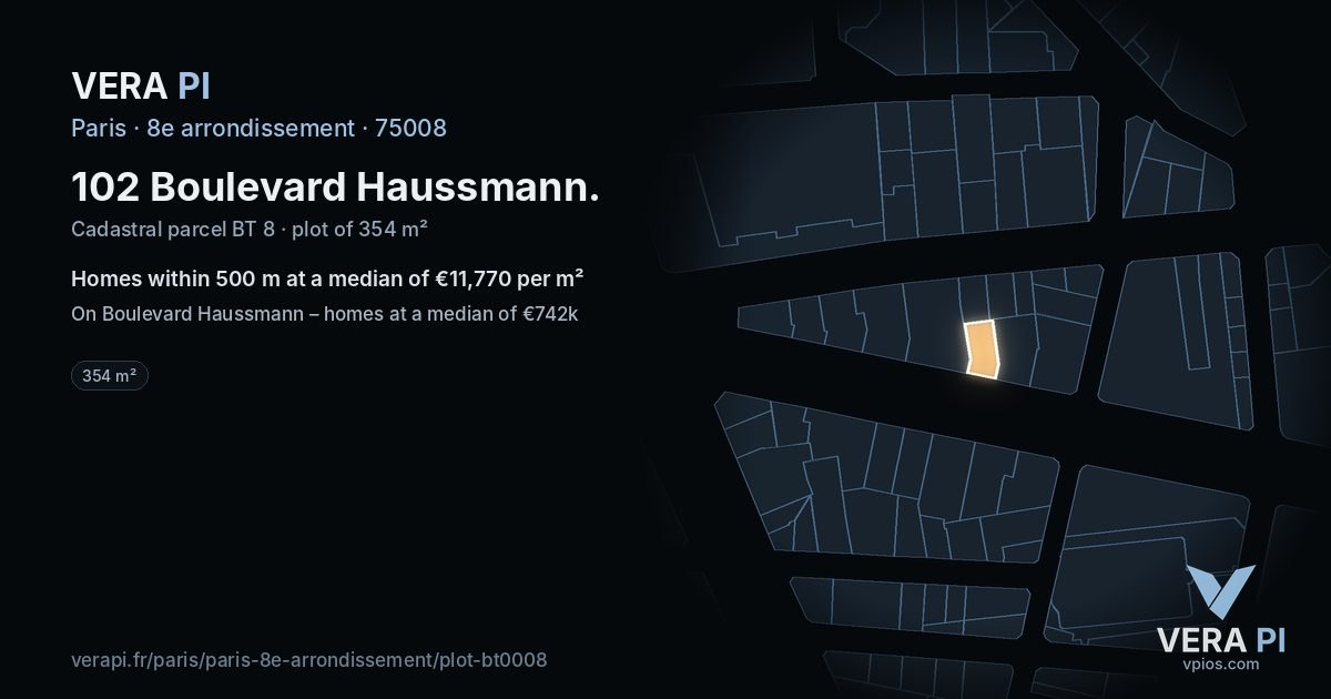 102 Boulevard Haussmann, 8e arrondissement at night – the plot lit, the parcels around coloured by the prices near them