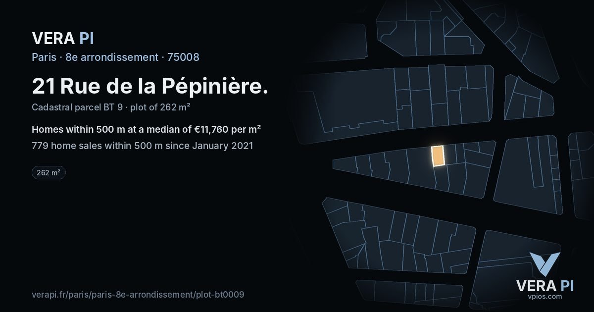 21 Rue de la Pépinière, 8e arrondissement at night – the plot lit, the parcels around coloured by the prices near them