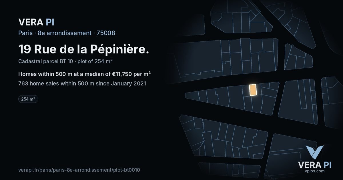 19 Rue de la Pépinière, 8e arrondissement at night – the plot lit, the parcels around coloured by the prices near them