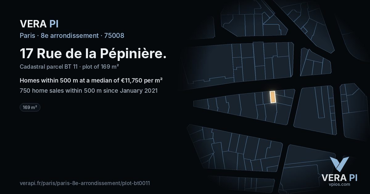 17 Rue de la Pépinière, 8e arrondissement at night – the plot lit, the parcels around coloured by the prices near them