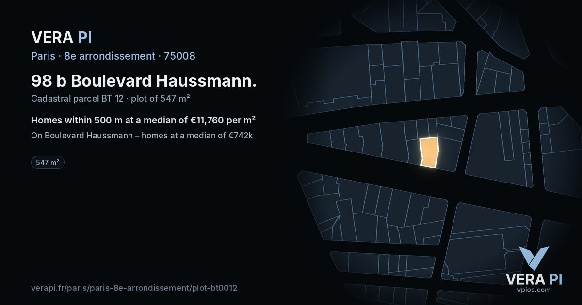 98 b Boulevard Haussmann, 8e arrondissement at night – the plot lit, the parcels around coloured by the prices near them