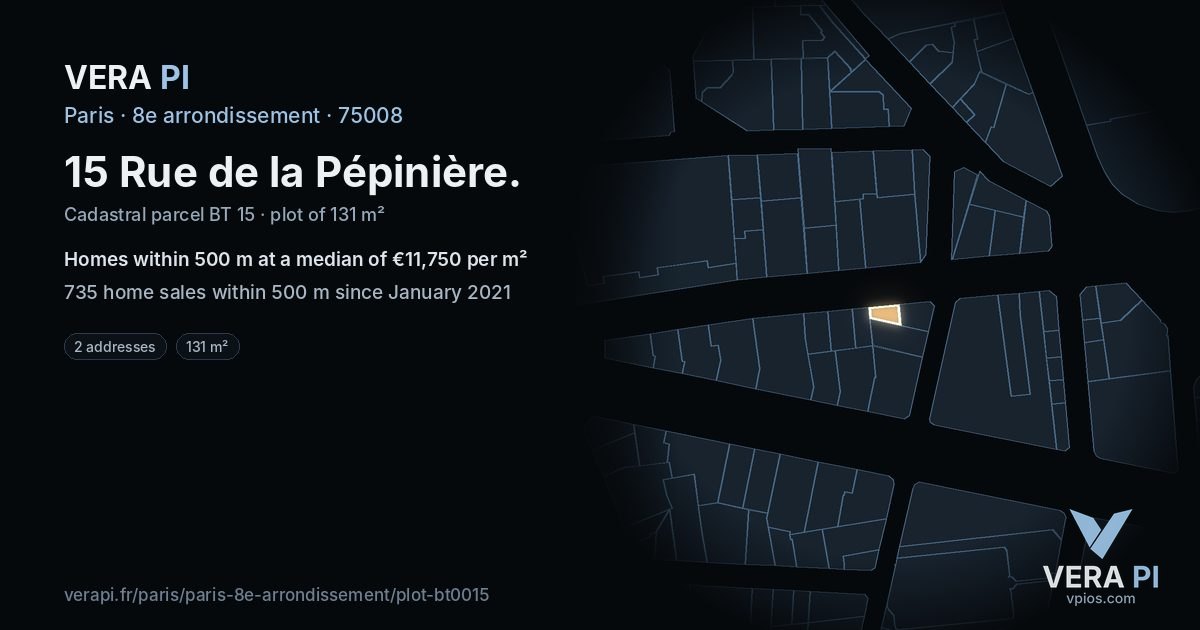 15 Rue de la Pépinière, 8e arrondissement at night – the plot lit, the parcels around coloured by the prices near them
