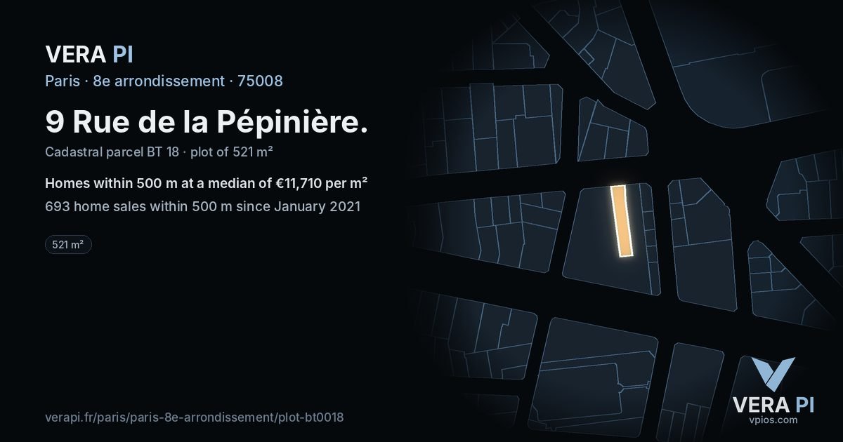 9 Rue de la Pépinière, 8e arrondissement at night – the plot lit, the parcels around coloured by the prices near them