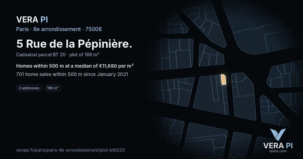 5 Rue de la Pépinière, 8e arrondissement at night – the plot lit, the parcels around coloured by the prices near them