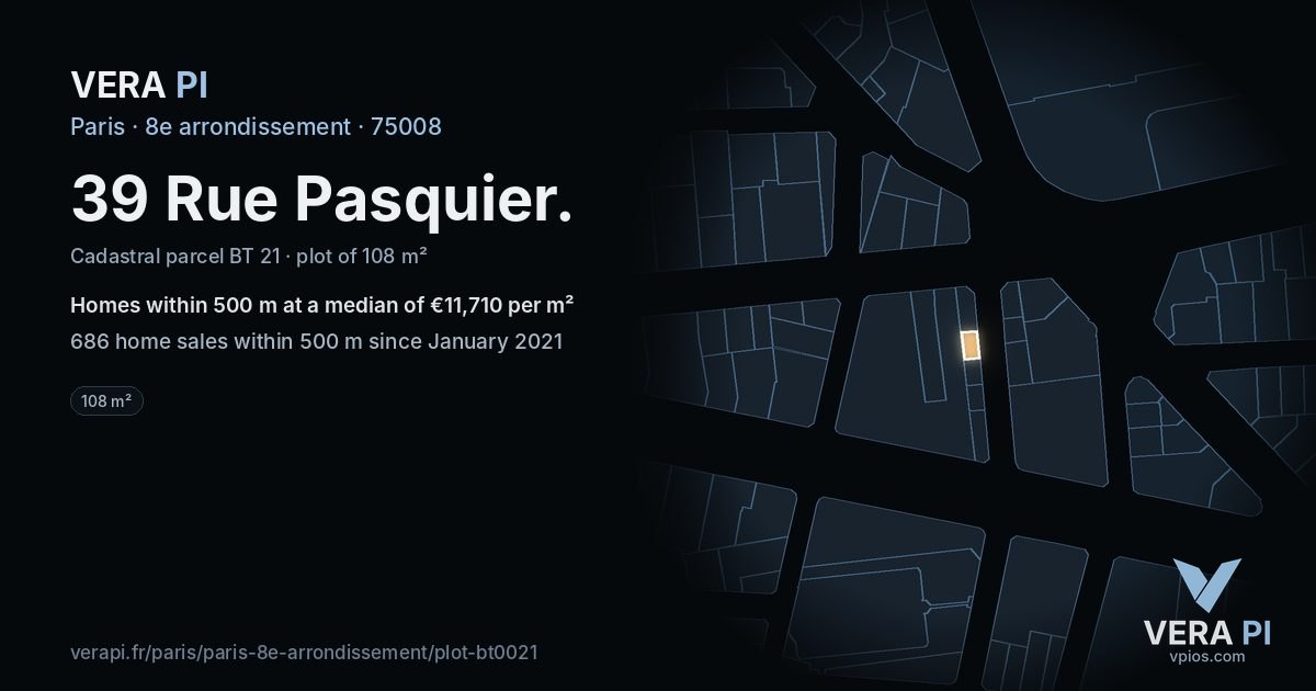 39 Rue Pasquier, 8e arrondissement at night – the plot lit, the parcels around coloured by the prices near them