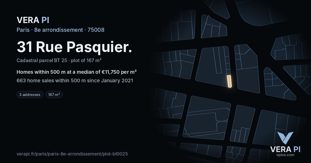 31 Rue Pasquier, 8e arrondissement at night – the plot lit, the parcels around coloured by the prices near them
