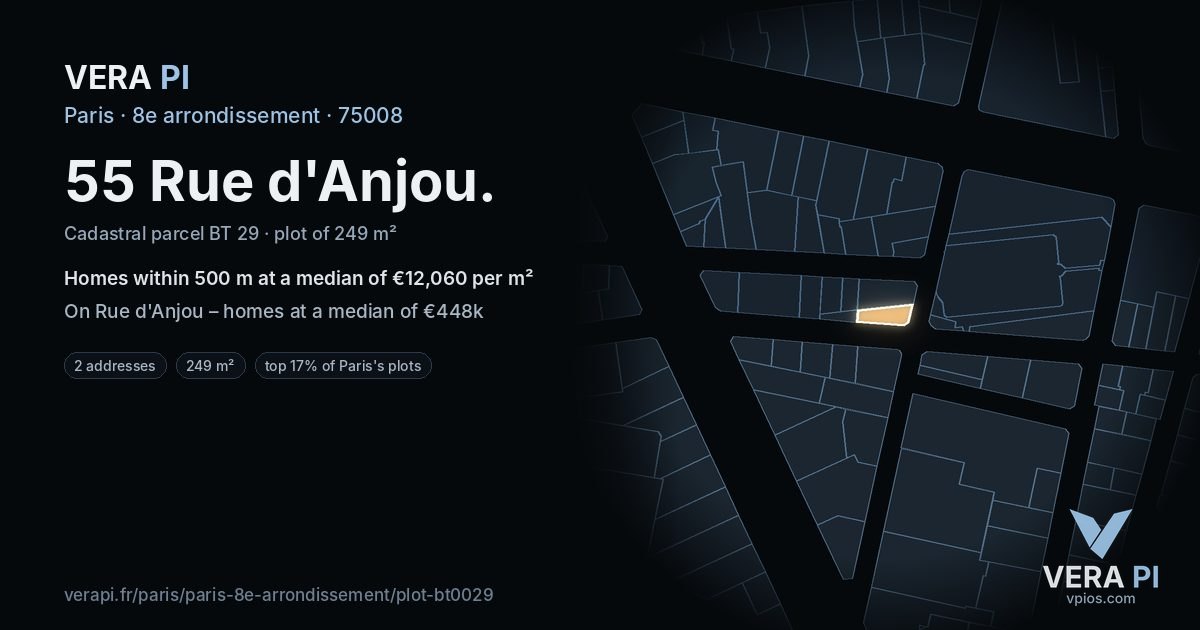 55 Rue d'Anjou, 8e arrondissement at night – the plot lit, the parcels around coloured by the prices near them