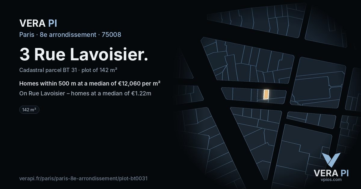 3 Rue Lavoisier, 8e arrondissement at night – the plot lit, the parcels around coloured by the prices near them