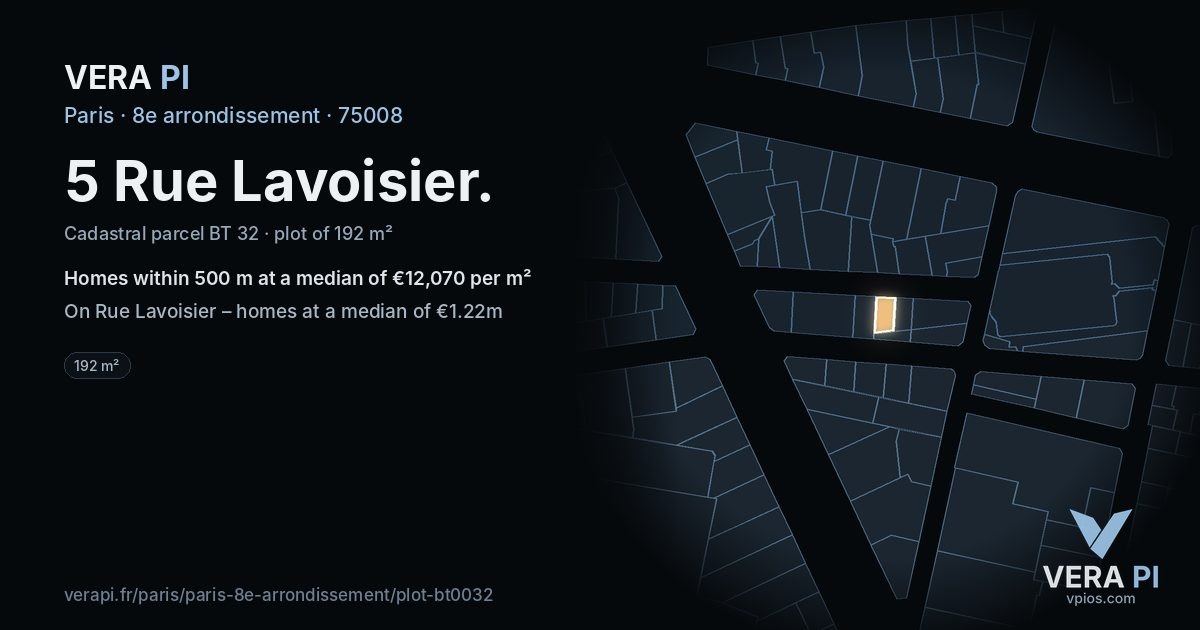5 Rue Lavoisier, 8e arrondissement at night – the plot lit, the parcels around coloured by the prices near them