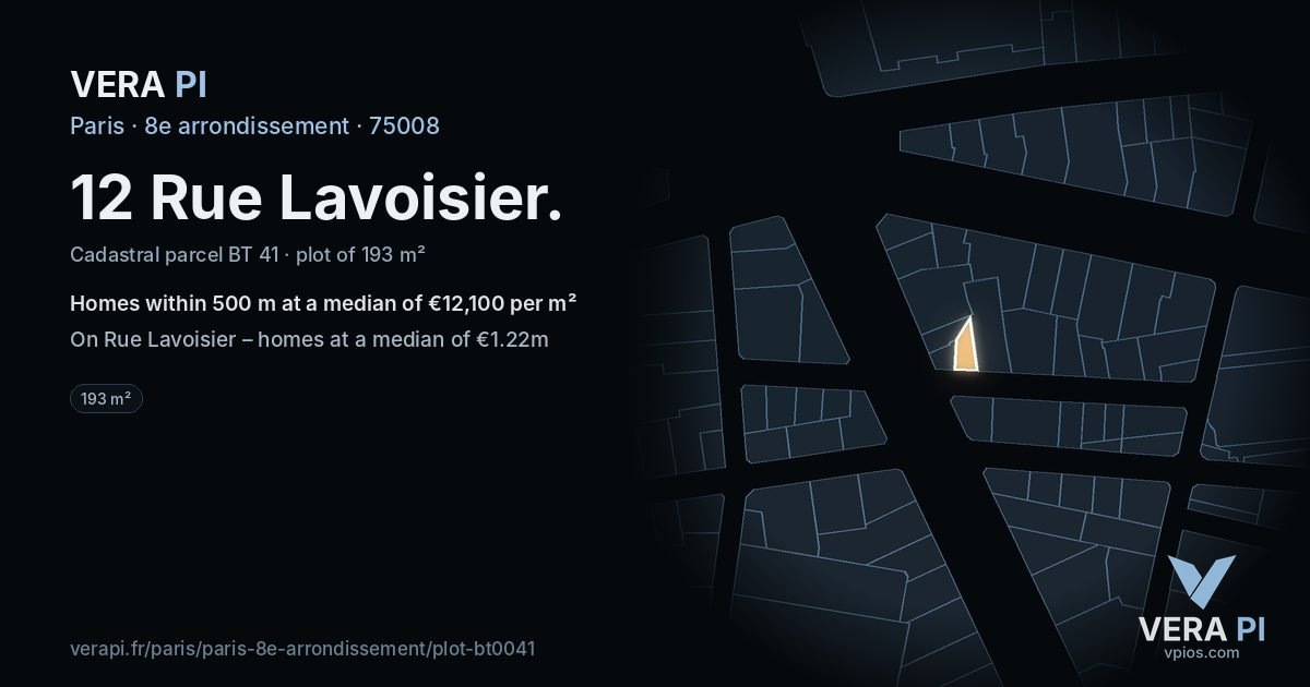 12 Rue Lavoisier, 8e arrondissement at night – the plot lit, the parcels around coloured by the prices near them